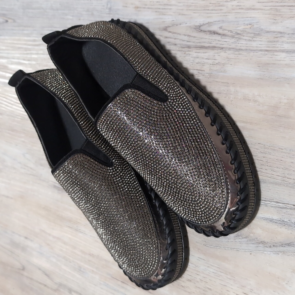 Metallic crystal gemstone slip-on sneakers loafers black silver sz 6 - 6.5
